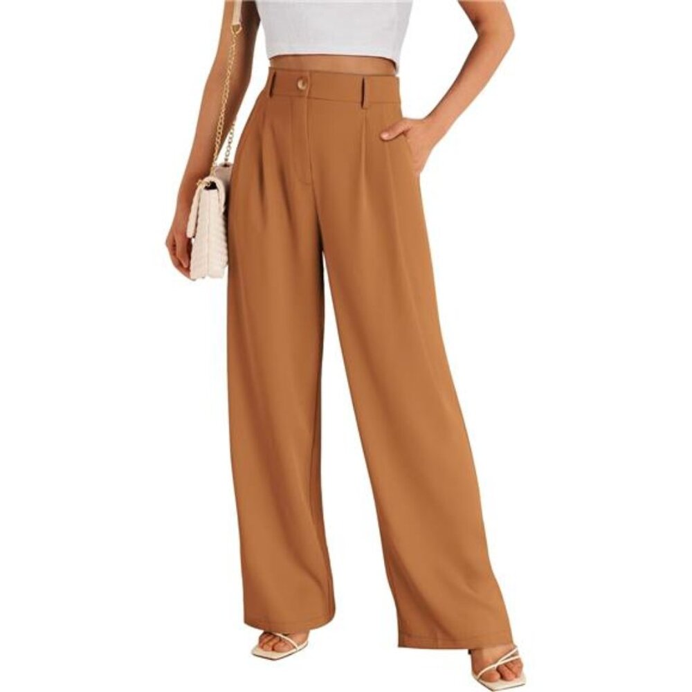 Women's High Waisted‎ Wide Leg Dress Pants - Dressy Trousers , Brown
